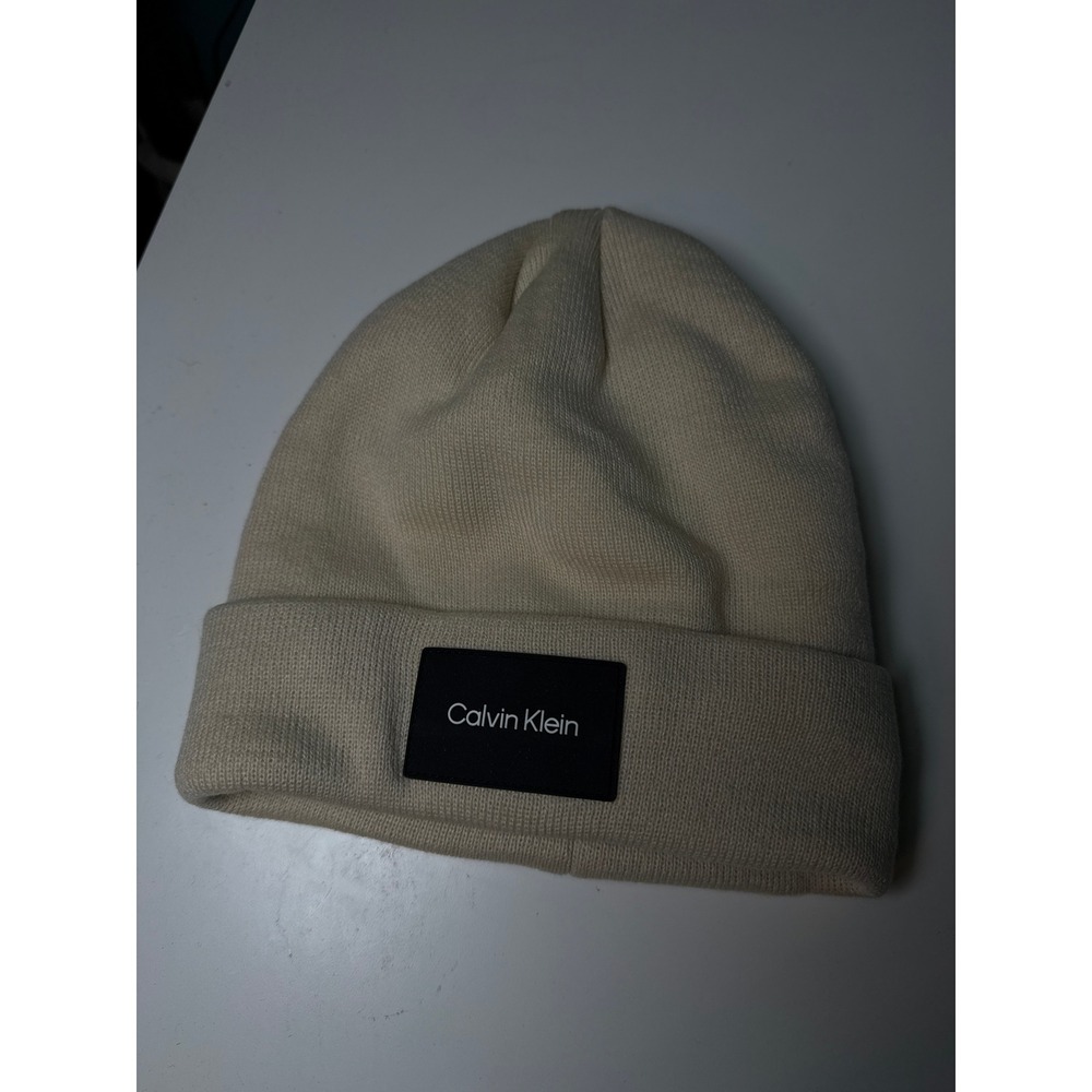 Calvin Klein Cream Beige Sherpa Lined Knit Beanie Hat with Logo Patch